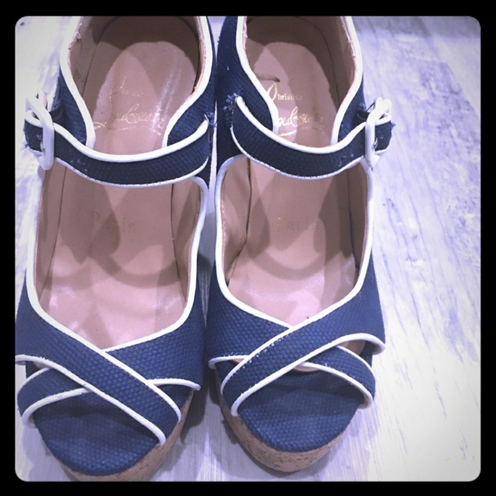 SOLD. Christian Louboutin 37.5 Blue/White Cork Wedges
